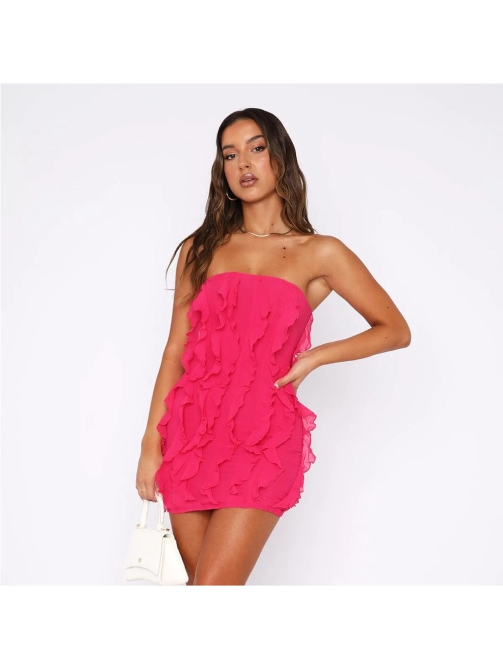 White Fox Boutique Strapless Ruffle Mini Dress - Hot Pink